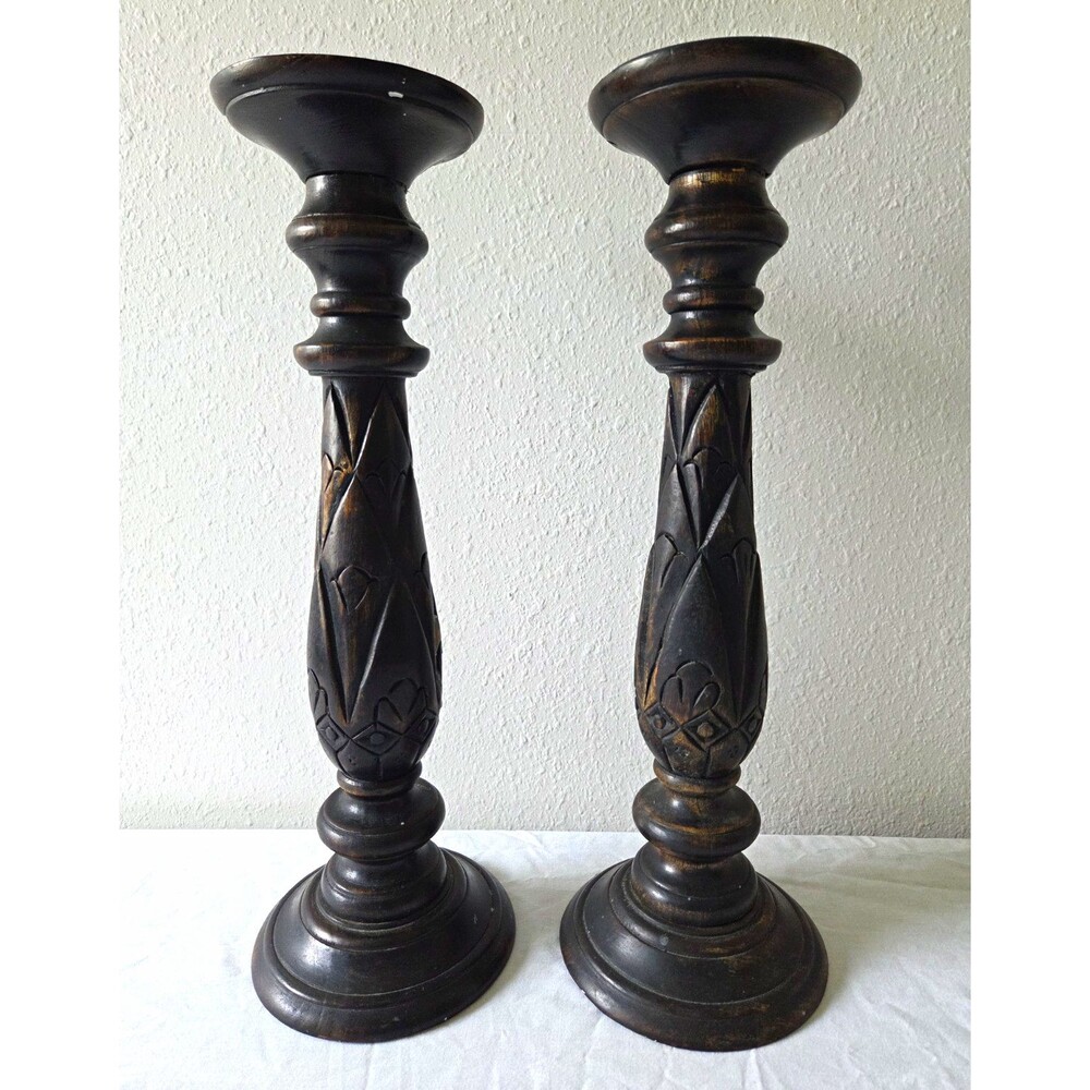 Set of 2 Hand Carved Wood Candlestick Holders Pair Dark Wood Floral Folk Art 18"
